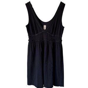 Free People Med Mini Dress Babydoll V Neck Eyelet Waist Details Raw Edged Black